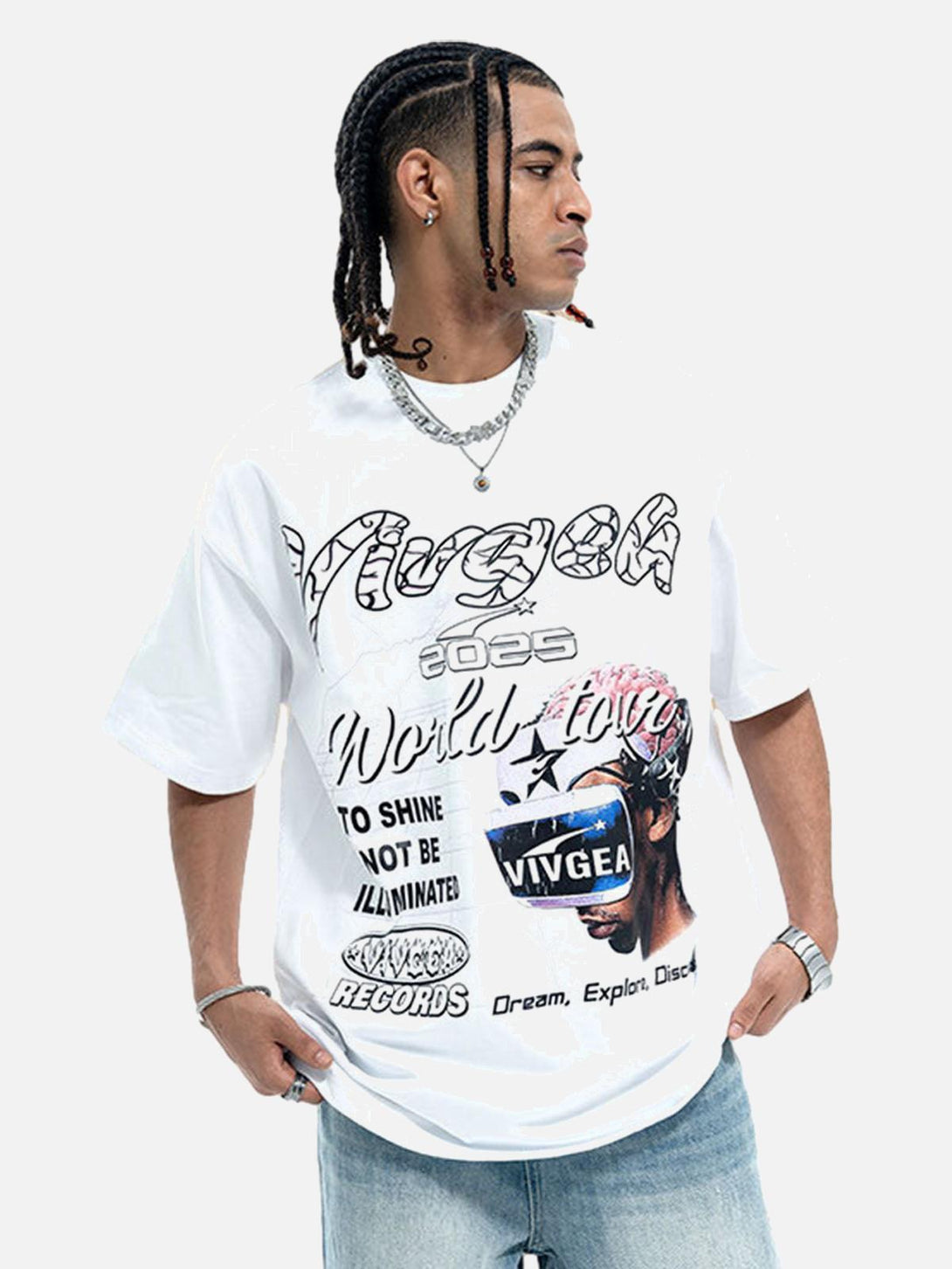 Model wearing a white retro sci-fi graphic T-shirt by TALISHKO, highlighting bold patterns.