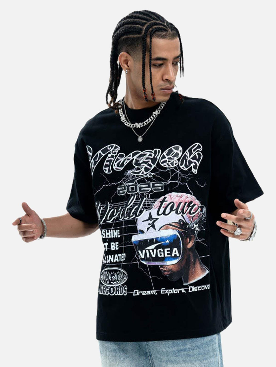 Model wearing a black retro sci-fi graphic T-shirt by TALISHKO, emphasizing unique designs.