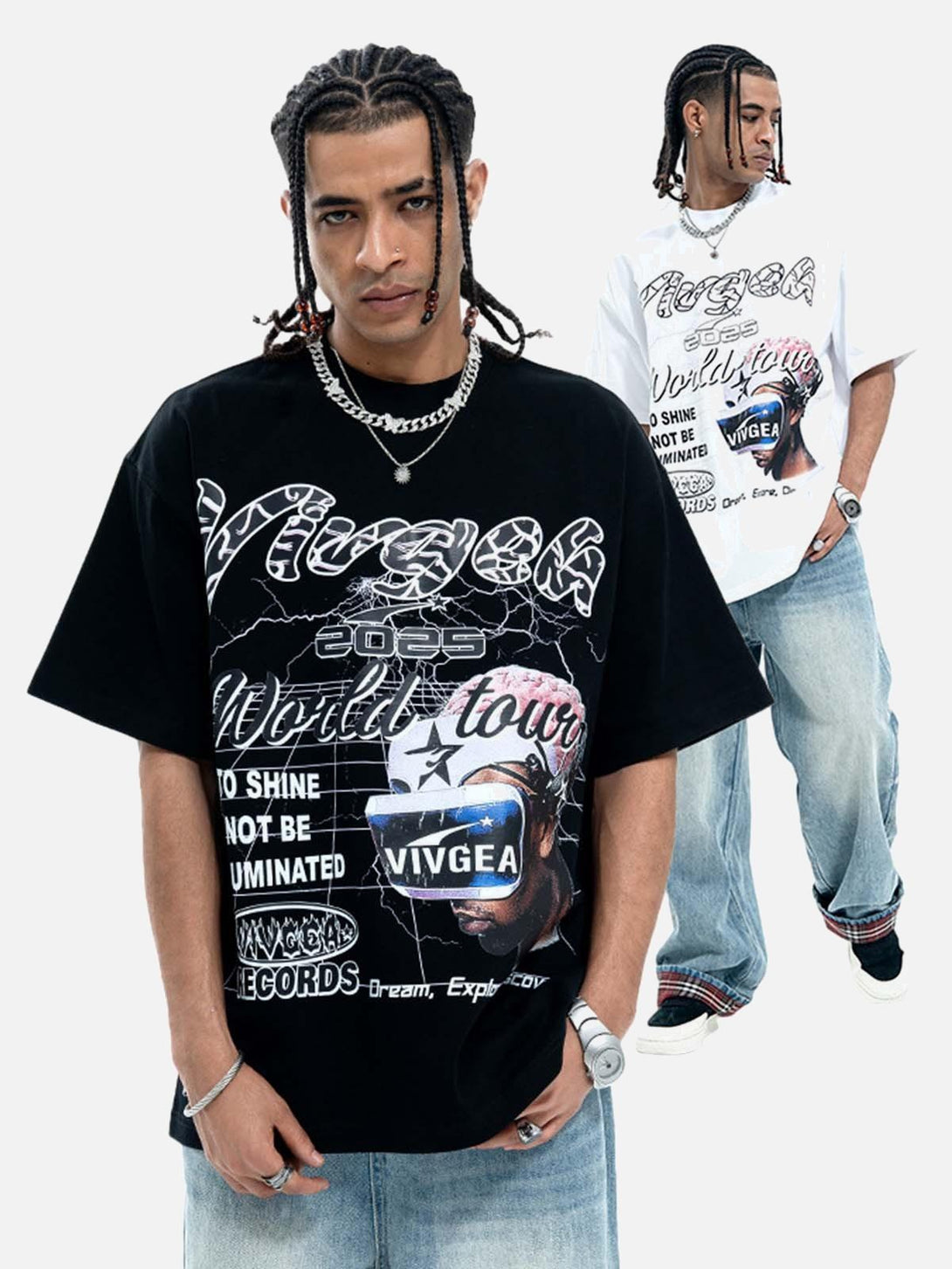 Model wearing a black retro sci-fi graphic T-shirt by TALISHKO, showcasing bold futuristic design.