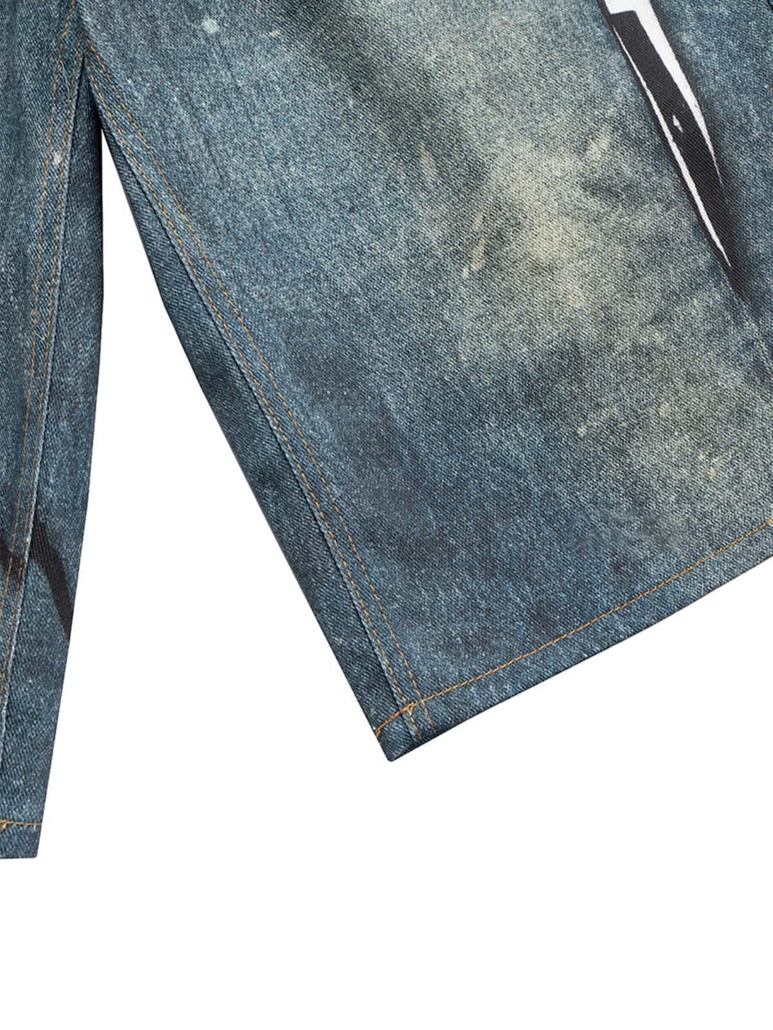 Intricate look at TALISHKO's denim shorts hem, showcasing the retro distressed design.