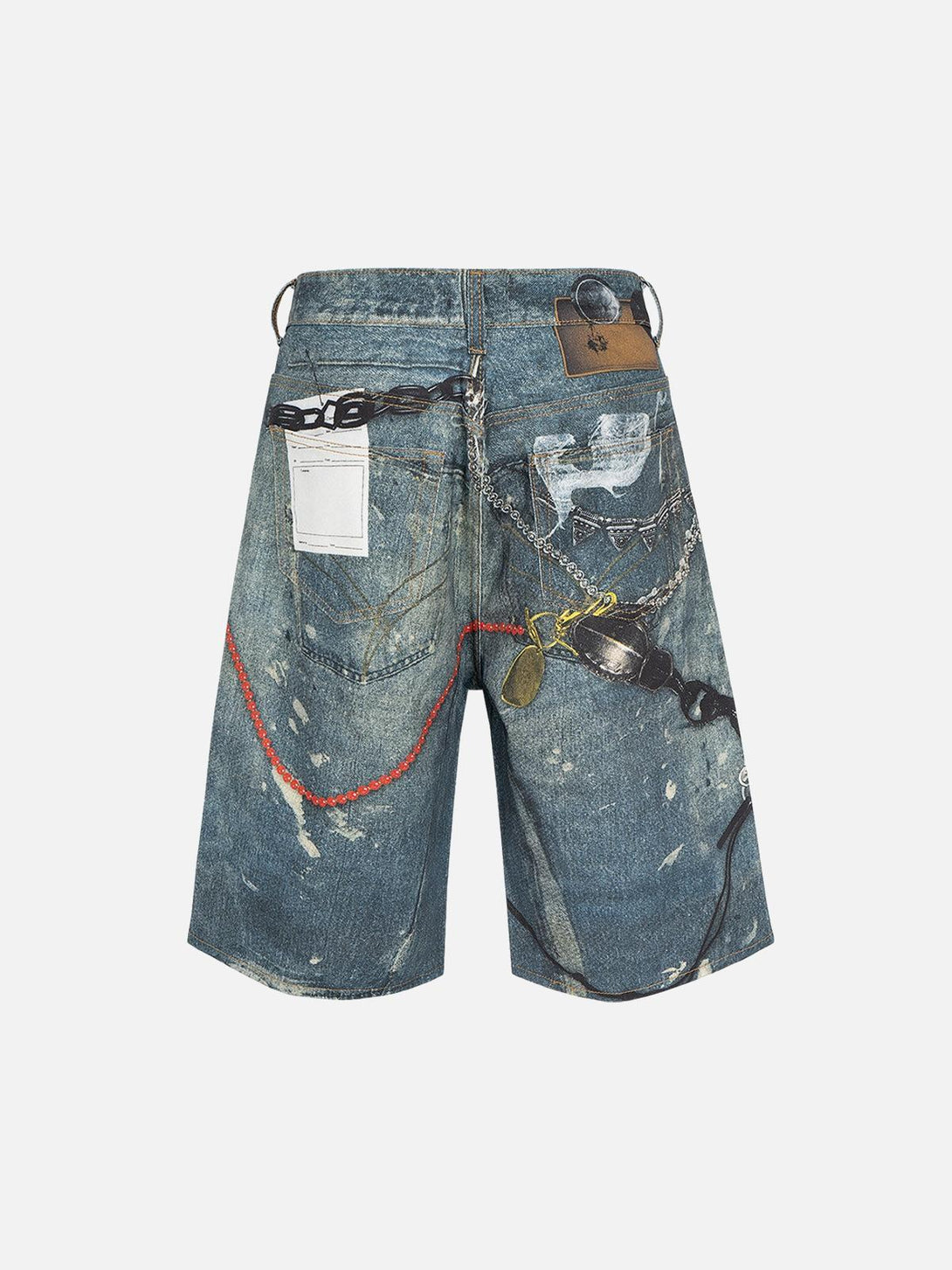 Back view of TALISHKO denim shorts with retro scissors print and chain details.