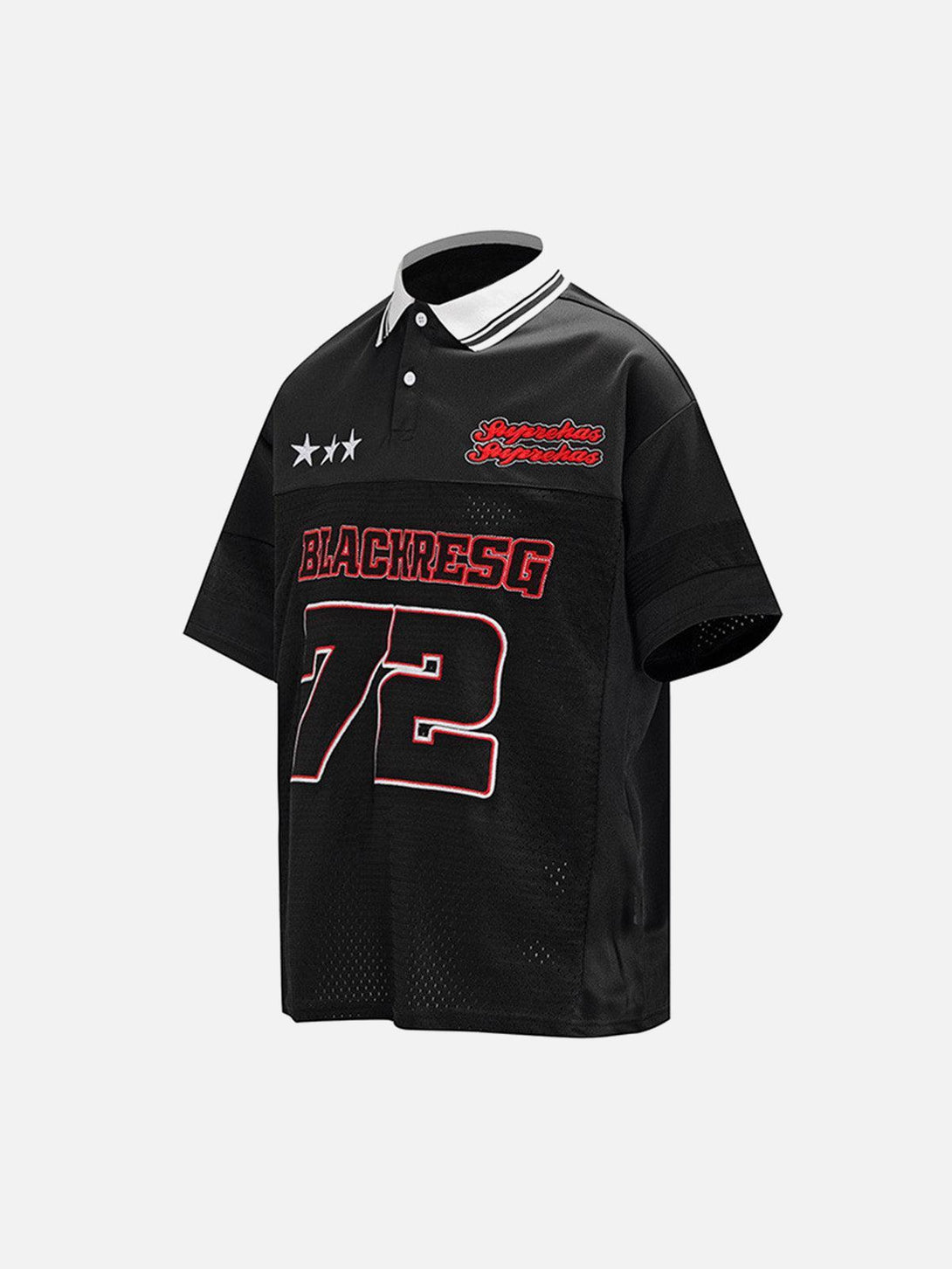 Black TALISHKO retro sports jersey polo shirt with striking red graphics and number 72.