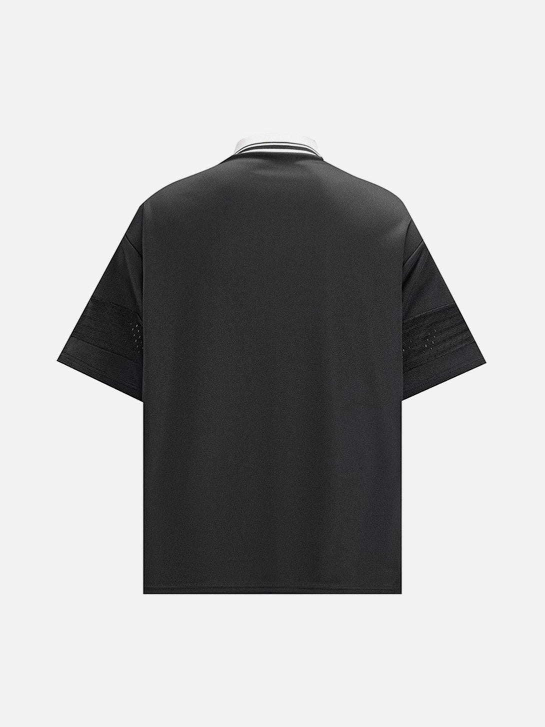 Back view of a black TALISHKO retro sports jersey polo shirt with a white collar detail.