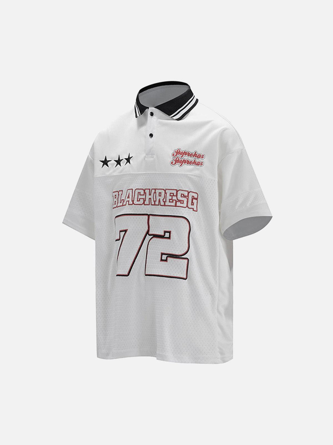 White TALISHKO retro sports jersey polo shirt with bold red and black graphics, featuring stars.