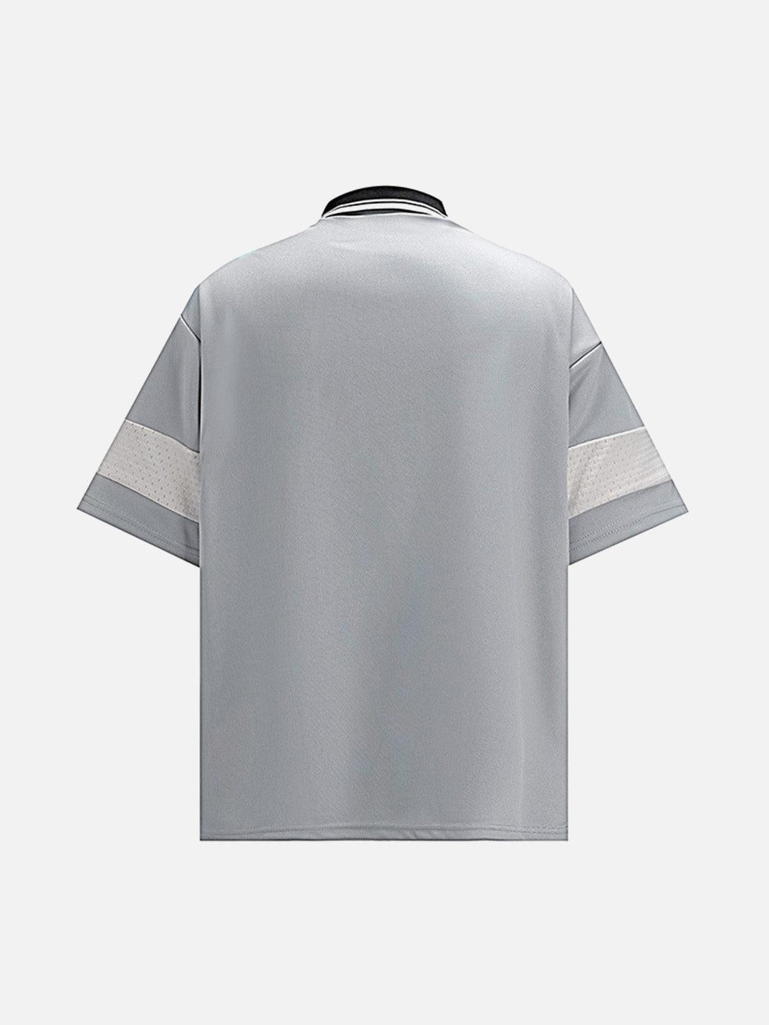 Back view of a gray TALISHKO retro sports jersey polo shirt with contrasting sleeve stripes.
