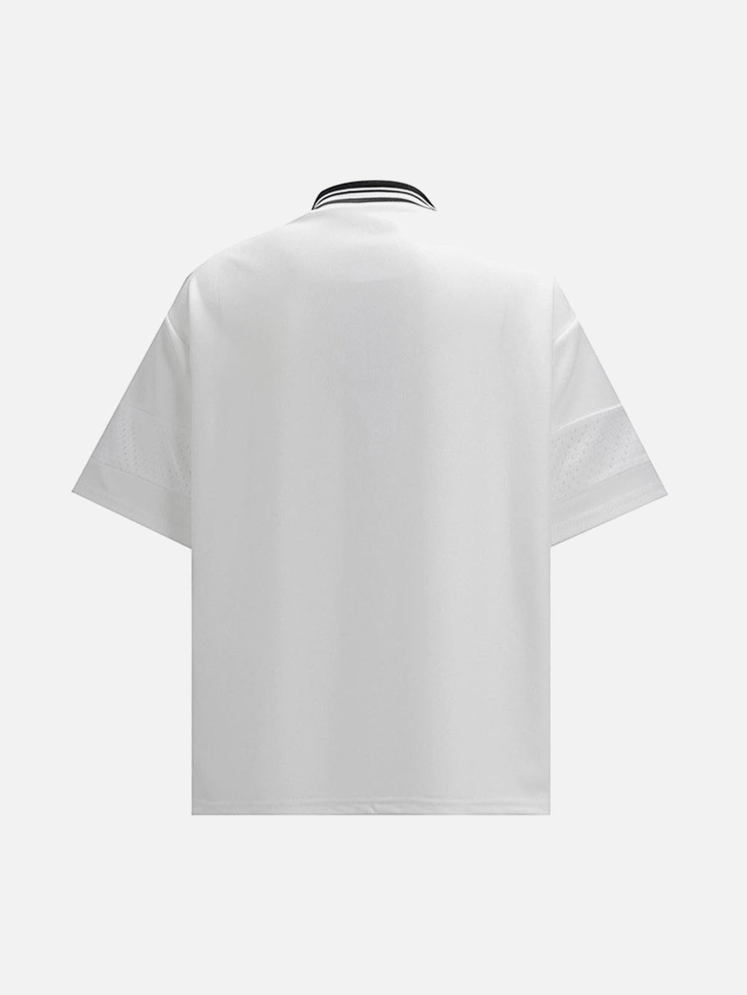 Back view of a white TALISHKO retro sports jersey polo shirt with a striped collar detail.
