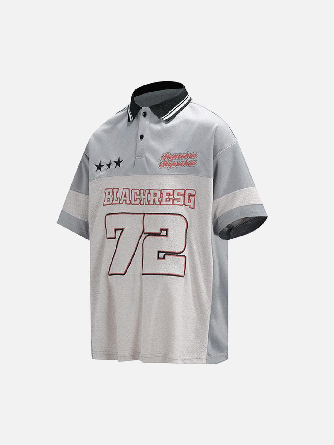 Gray TALISHKO retro sports jersey polo shirt with bold number 72 and graphic details.