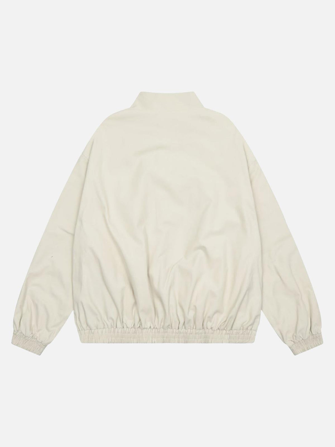 Back view of the TALISHKO retro stand collar casual jacket in white, showcasing relaxed fit.