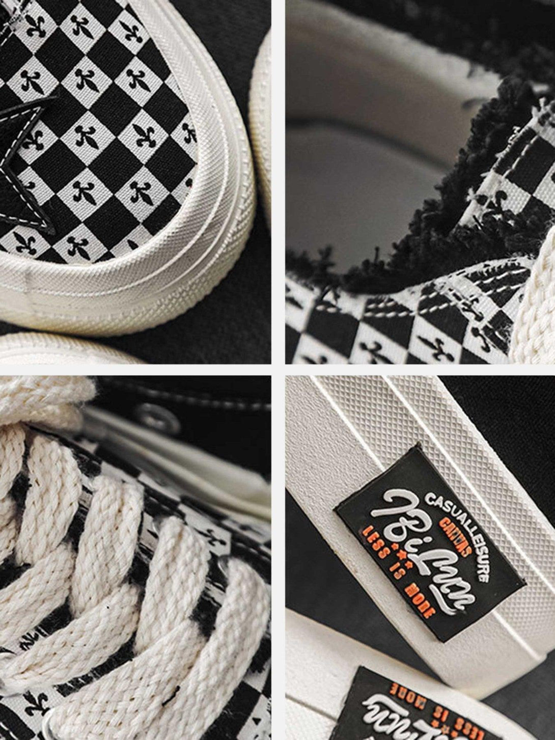 Intricate look at TALISHKO canvas shoes featuring a retro star design and unique checkered pattern.