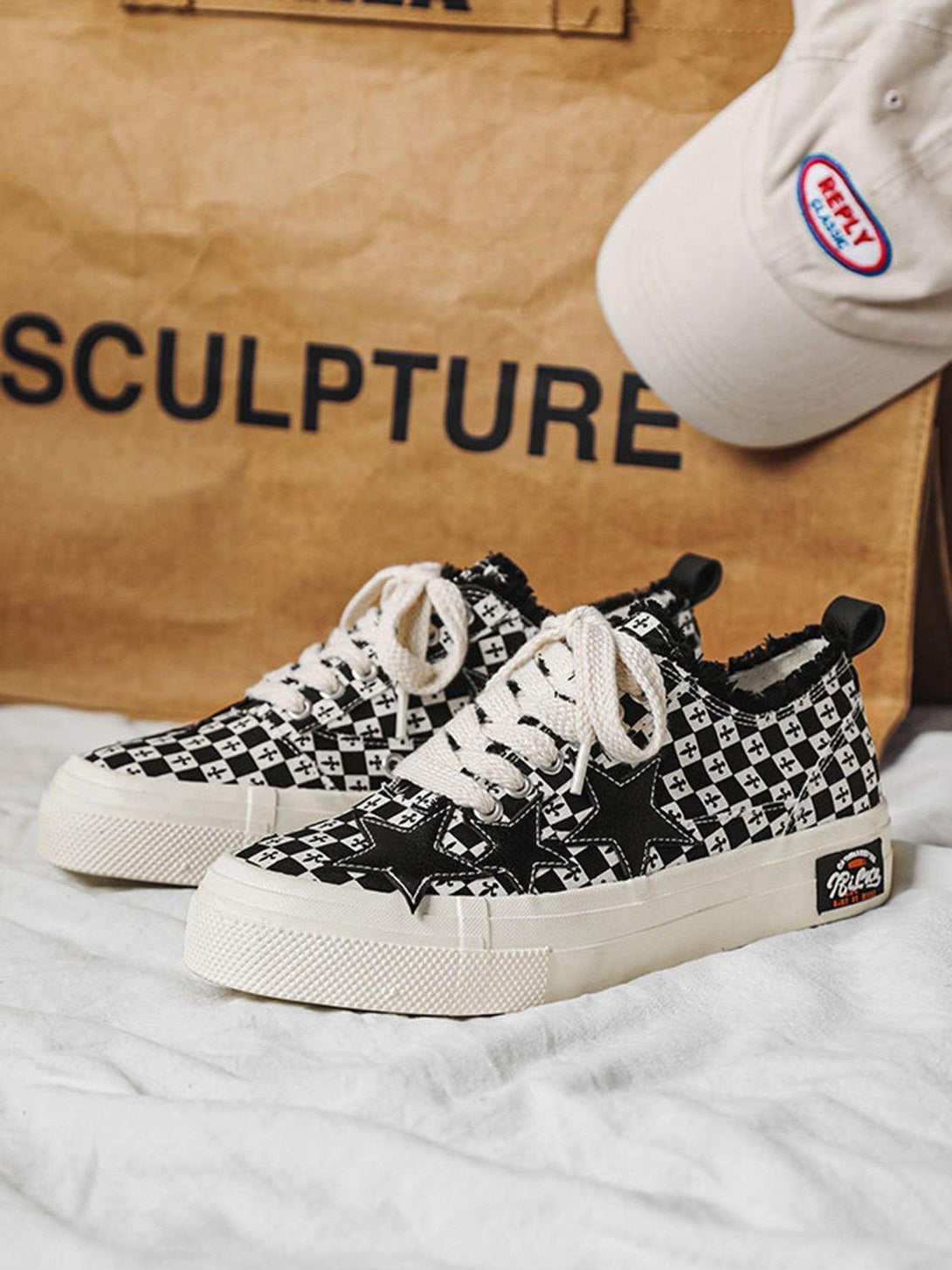 TALISHKO canvas shoes with retro star accents and checkered pattern, perfect for casual wear.