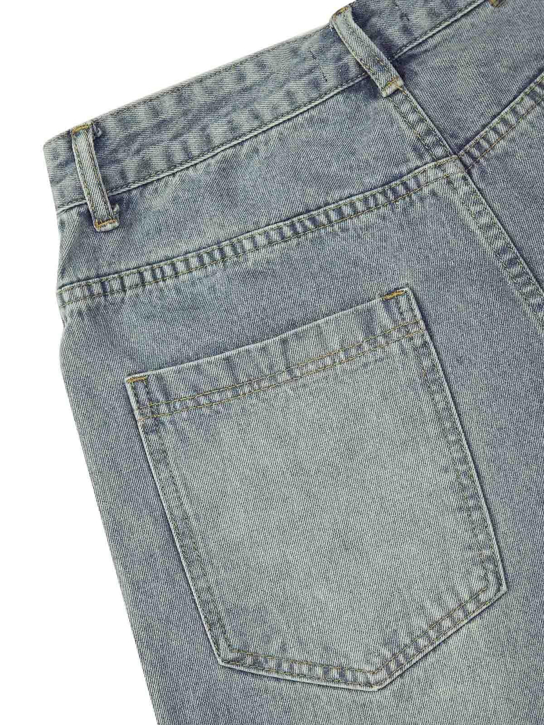 Close-up of TALISHKO shorts' back pocket, showcasing retro stitching and detailed craftsmanship.