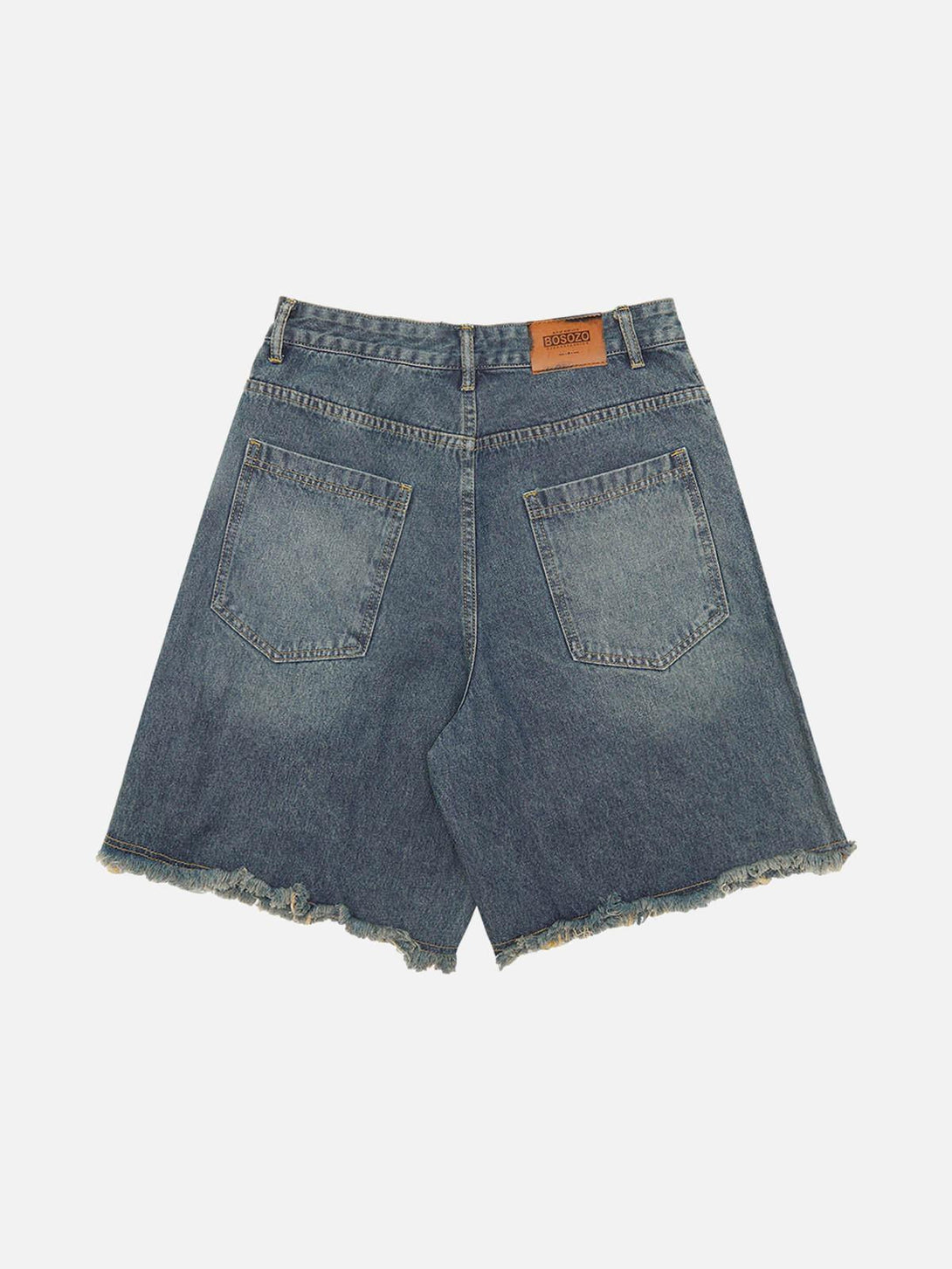Back view of TALISHKO denim shorts with frayed edges and retro stitching for a vintage look.