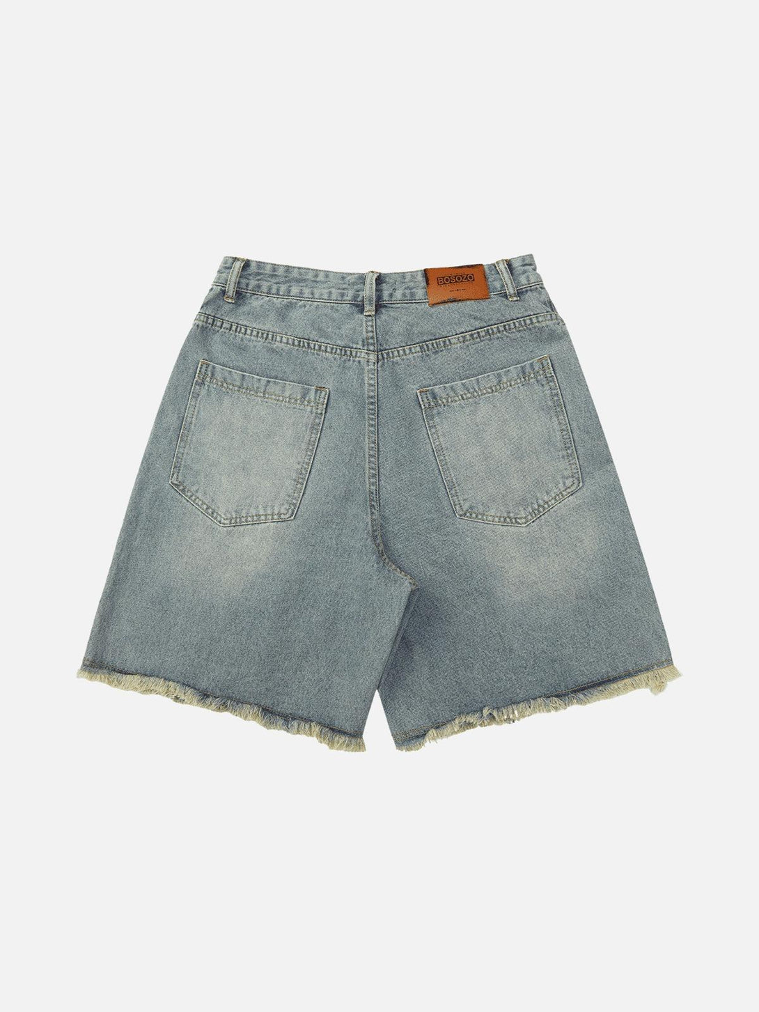 Back view of TALISHKO denim shorts, showcasing frayed hem and classic pockets for a vintage vibe.