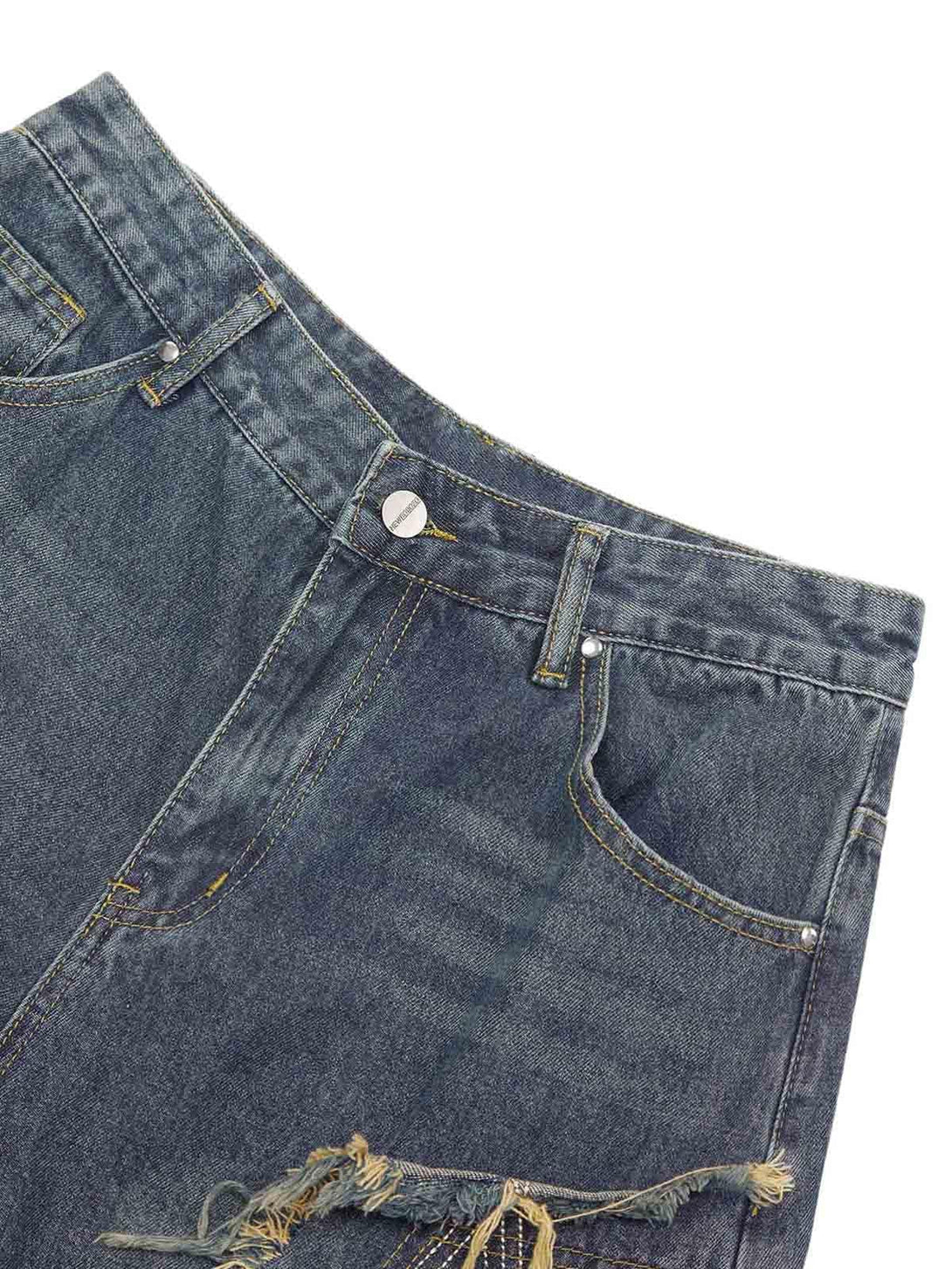 Zoomed-in texture of TALISHKO denim shorts showcasing retro stitching and frayed details.