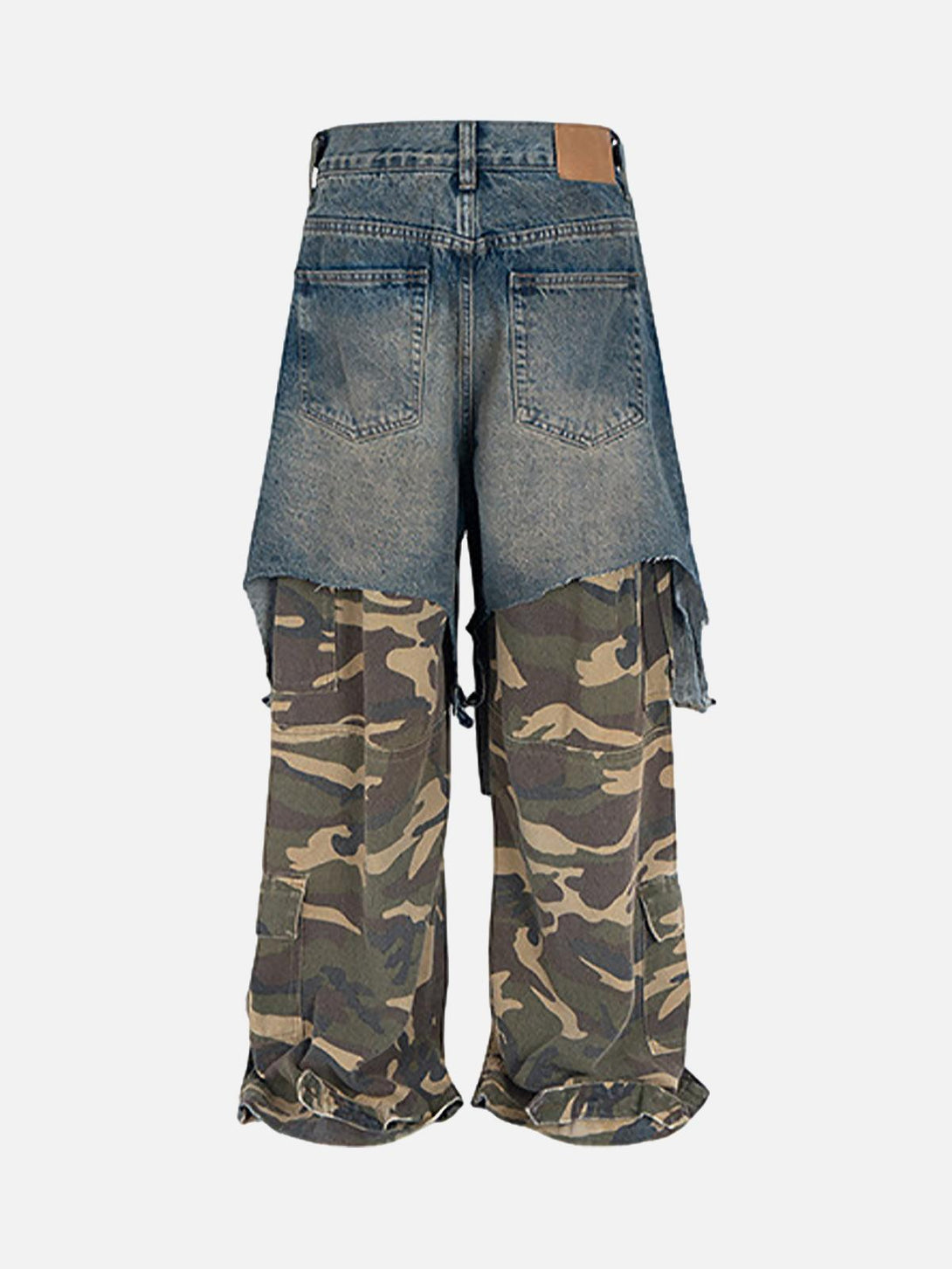 Back view of TALISHKO's retro camouflage jeans with a distressed denim overlay detail.