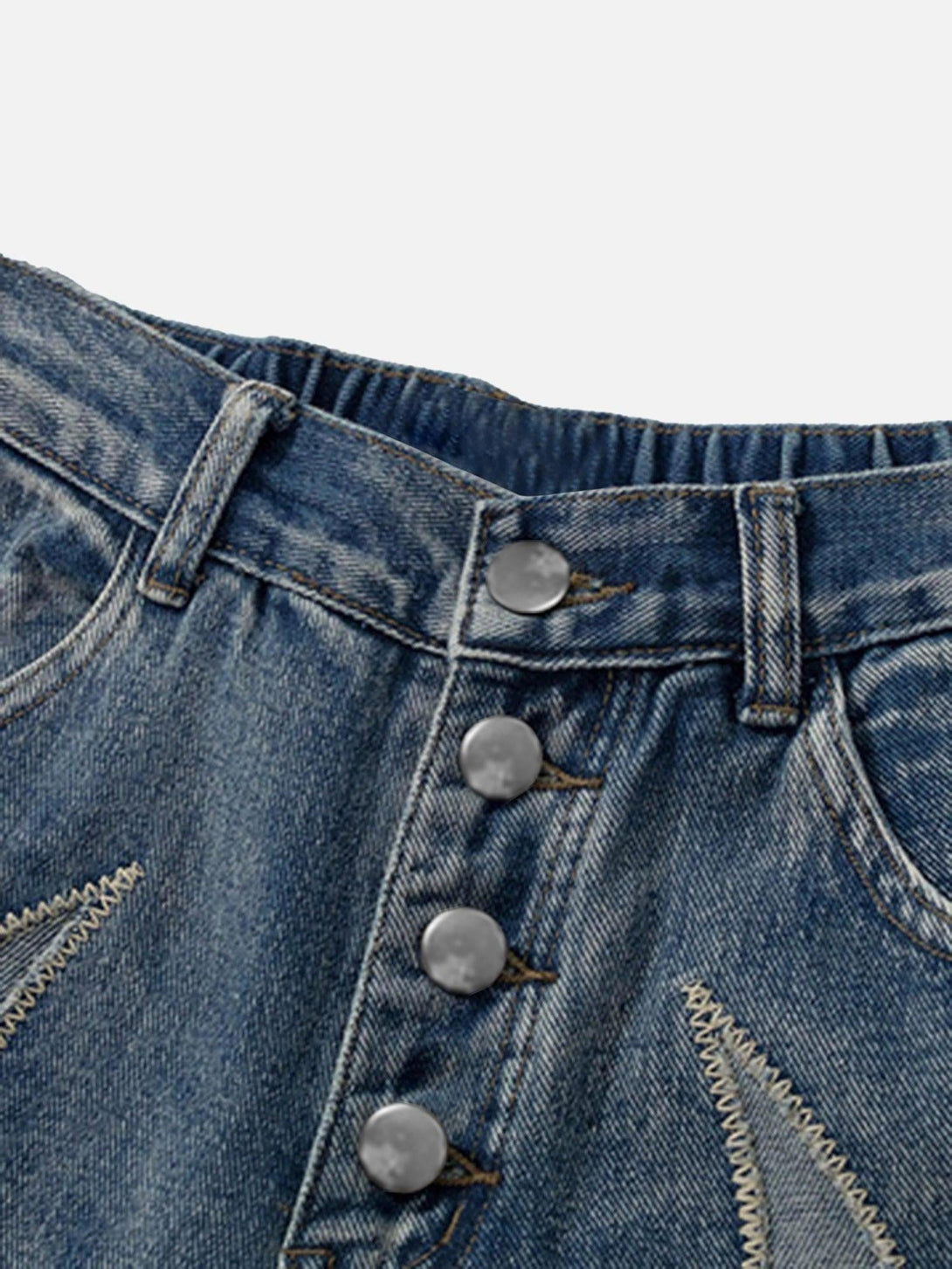 A close-up of TALISHKO retro straight casual jeans, highlighting button fly and stitching details.