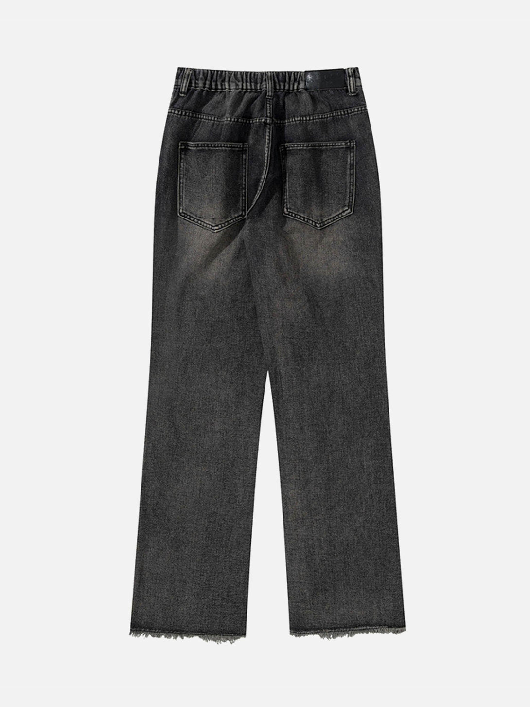 Back view of TALISHKO retro straight casual jeans in dark wash with raw hem detailing.