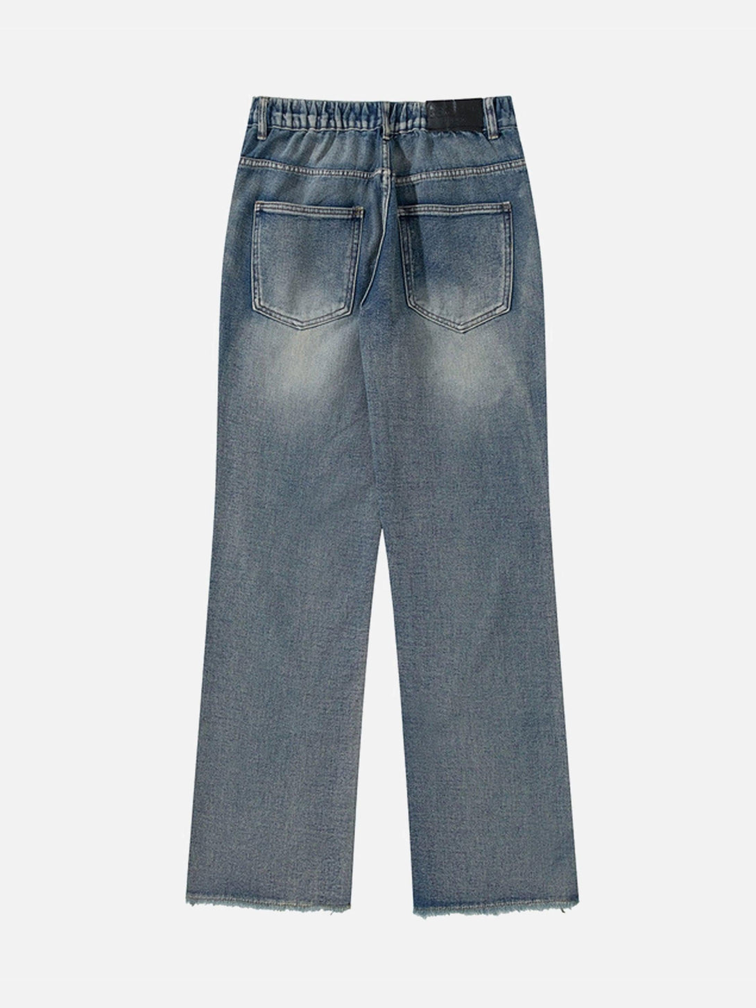 Back view of TALISHKO retro straight casual jeans with a faded wash and raw hem detailing.