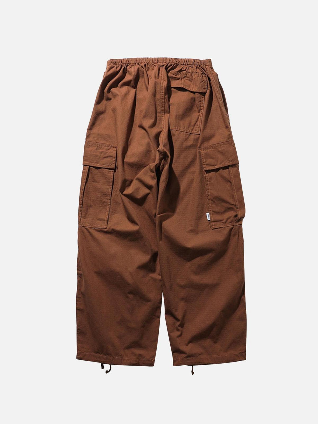 Back view of brown retro straight casual pants by TALISHKO, highlighting cargo pocket details.