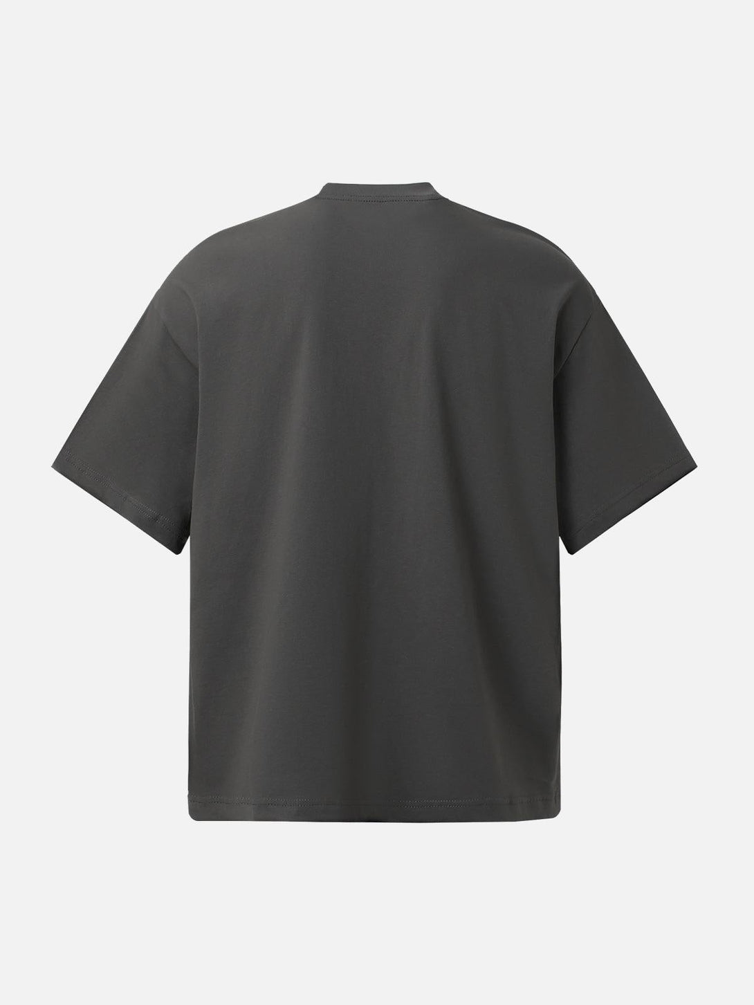 Back view of a dark gray graphic T-shirt by TALISHKO, featuring a relaxed fit.