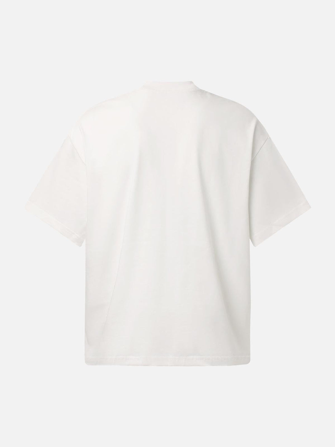 Back view of a white graphic T-shirt by TALISHKO, highlighting a relaxed, casual fit.