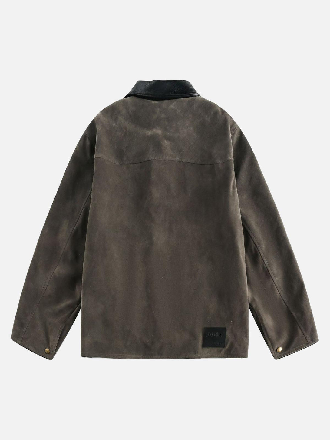 Back view of a retro suede motorcycle jacket by TALISHKO, showcasing a stylish design.