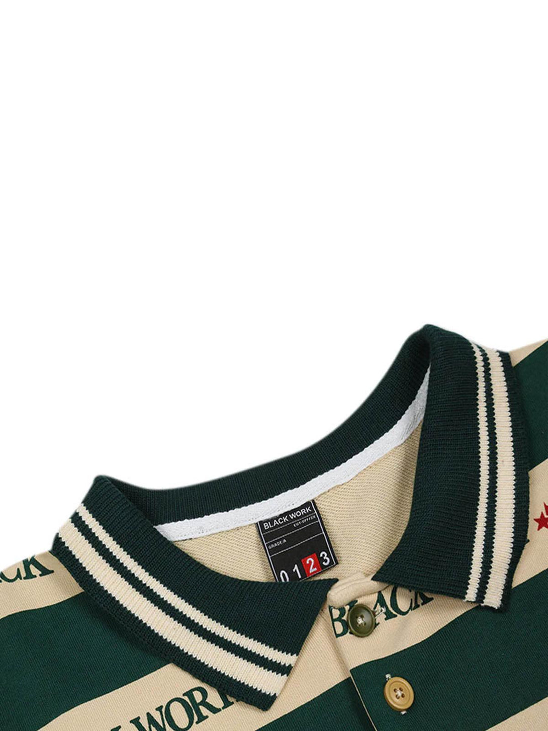 Close-up of the retro typography polo tee by TALISHKO, highlighting its striped collar design.