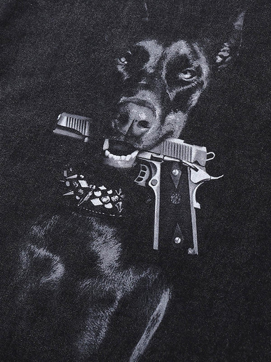 A detailed look at the edgy Doberman design on the retro washed T-shirt by TALISHKO.