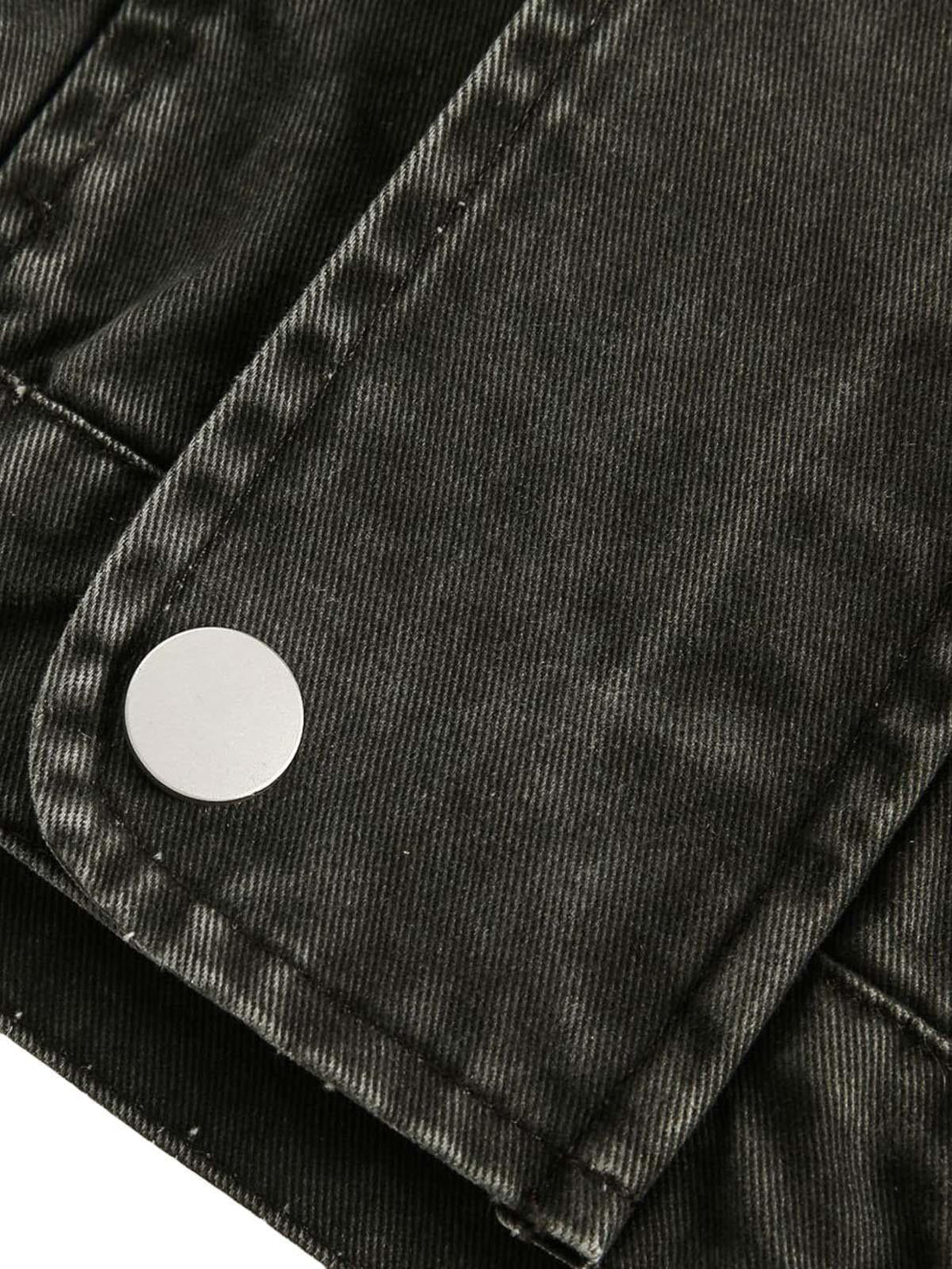 Detailed fabric and stitching on TALISHKO's retro washed work jacket with silver button detail.