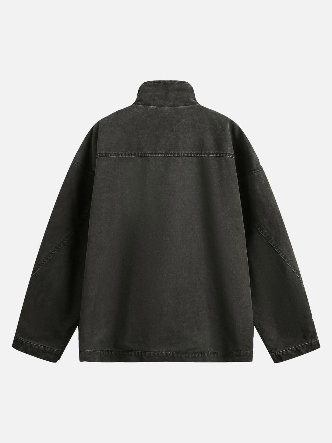 Back view of TALISHKO's retro washed work jacket, highlighting its distressed texture.