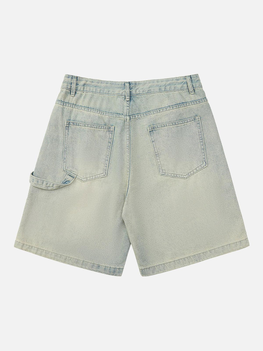 Back view of light blue retro washed hip-hop shorts by TALISHKO, showcasing casual style.