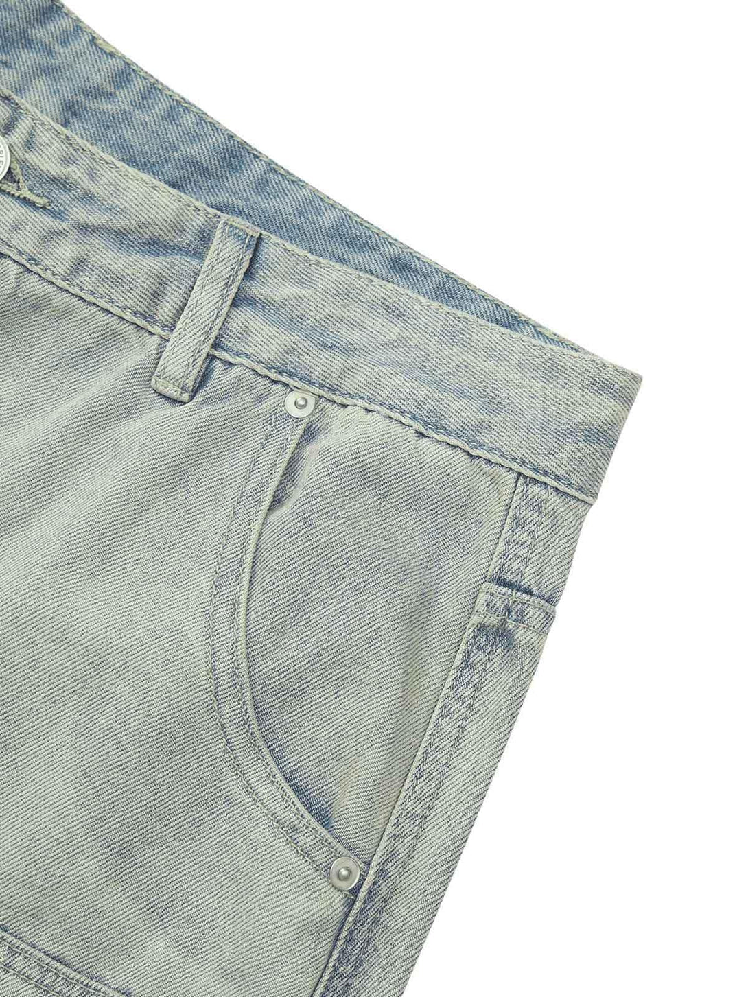 Intricate look at TALISHKO retro washed hip-hop shorts, focusing on pocket details and fabric texture.