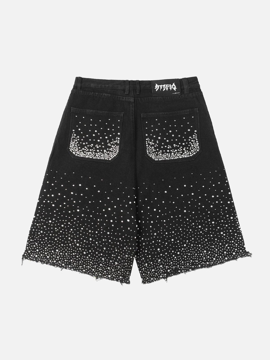 Back view of TALISHKO denim shorts featuring rhinestone details and raw edges for a chic look.