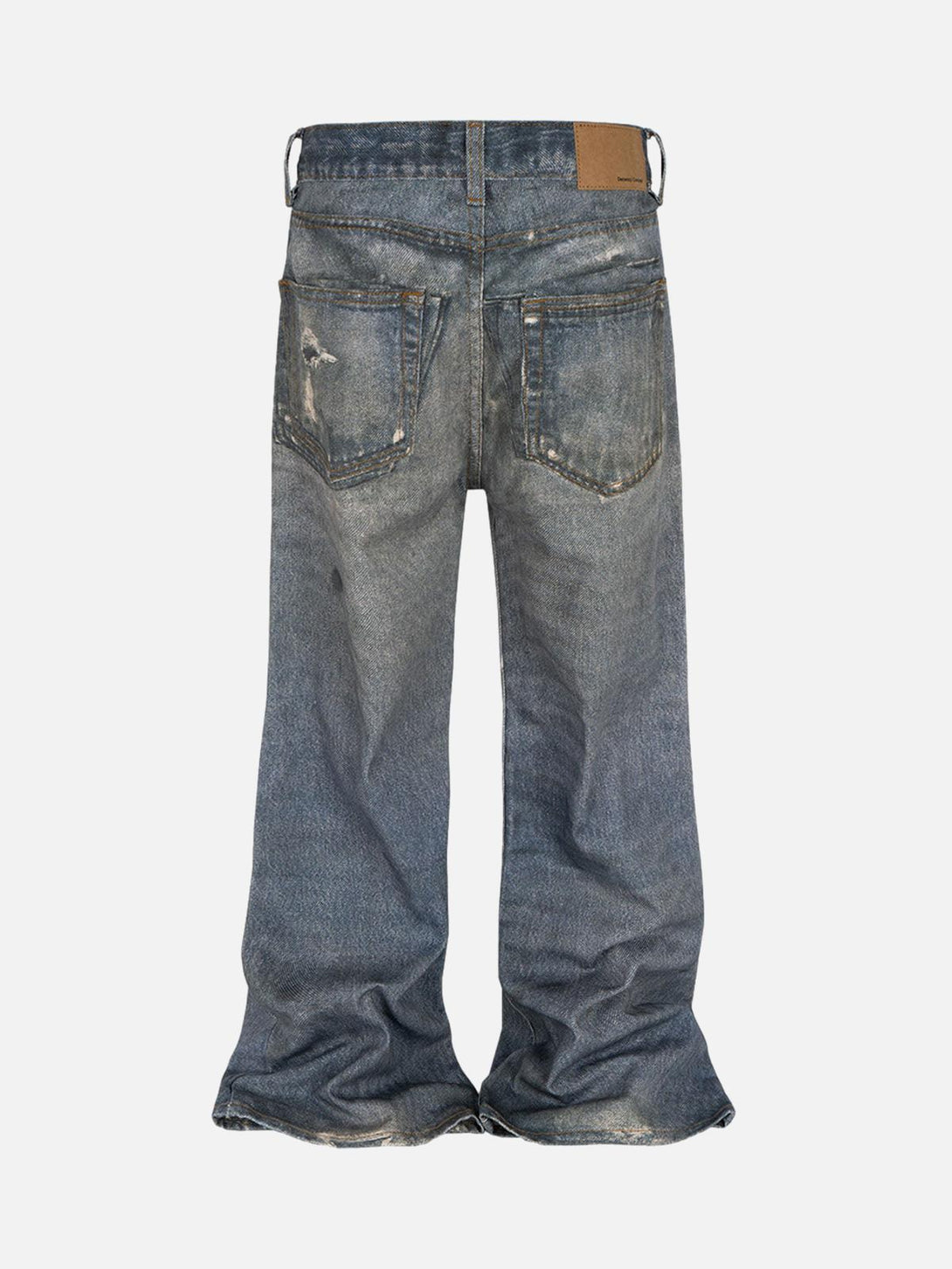 Back view of TALISHKO retro washed flare jeans with distressed detailing and relaxed fit.