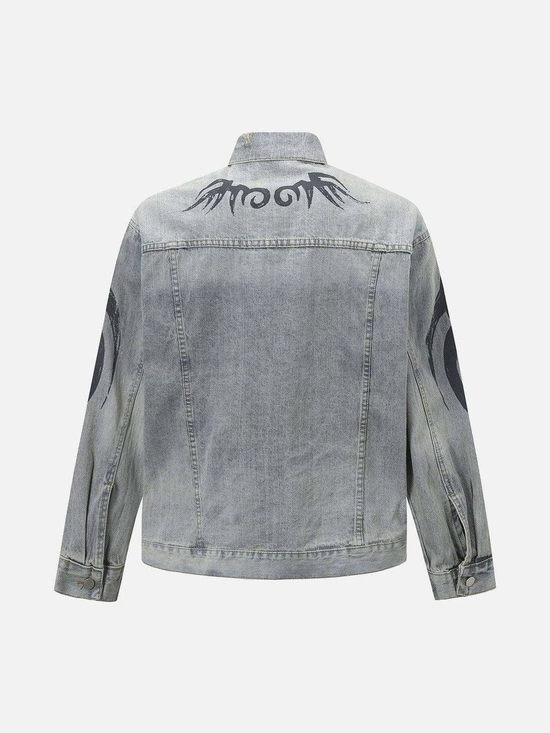 Back view of TALISHKO's retro washed denim jacket featuring unique totem designs.