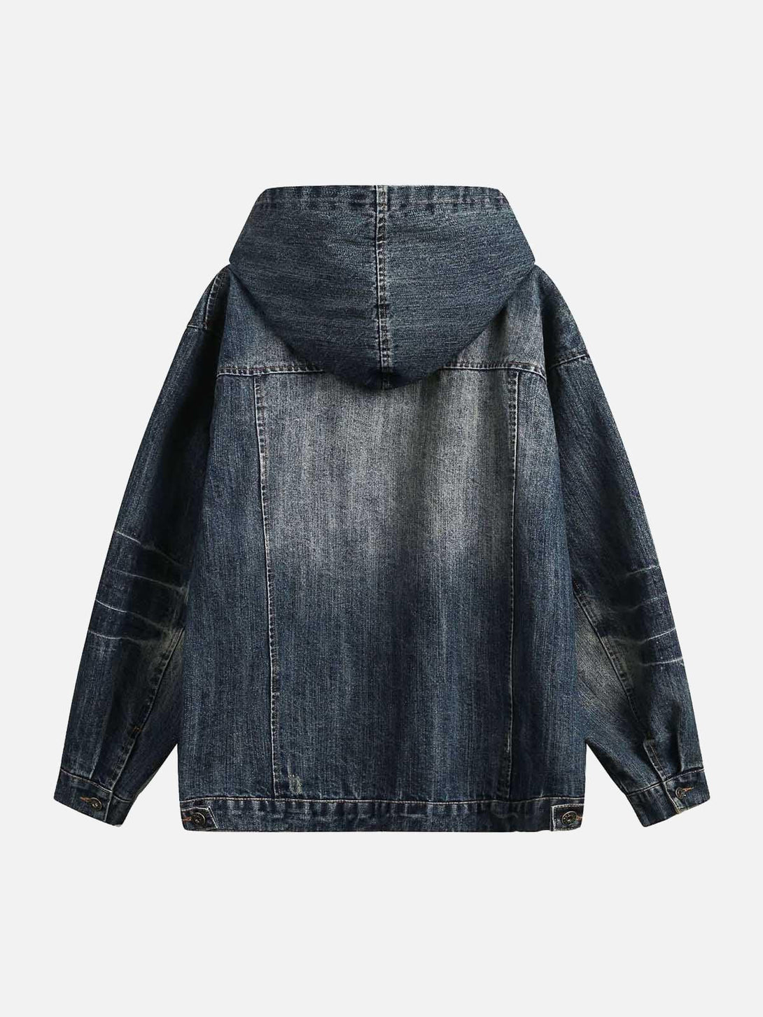 Back view of TALISHKO's retro washed denim hooded jacket, highlighting its relaxed fit.
