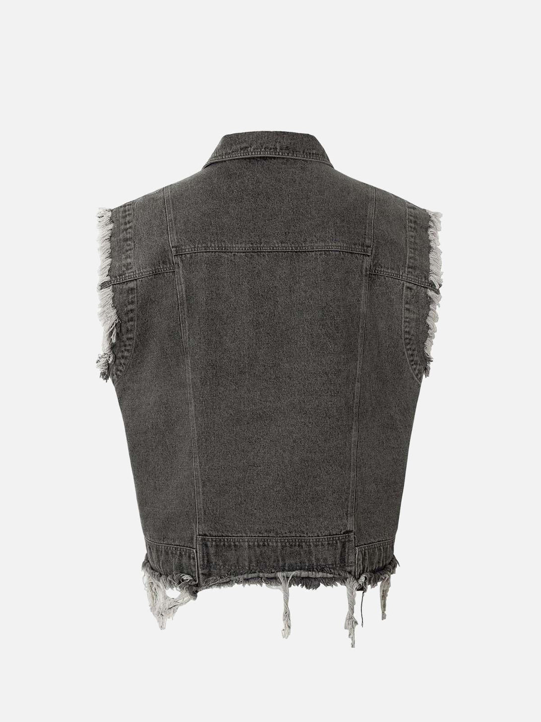 Back view of TALISHKO's retro denim vest with frayed edges, emphasizing a rugged look.
