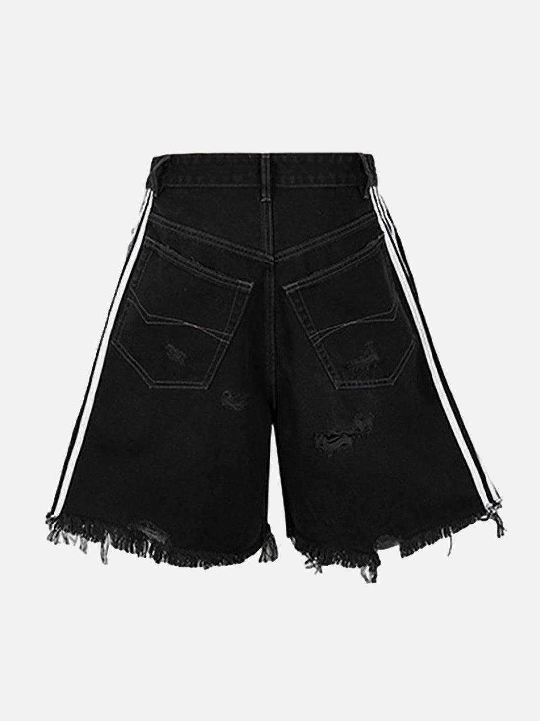 Back view of TALISHKO black denim shorts featuring retro style and raw edge detailing.