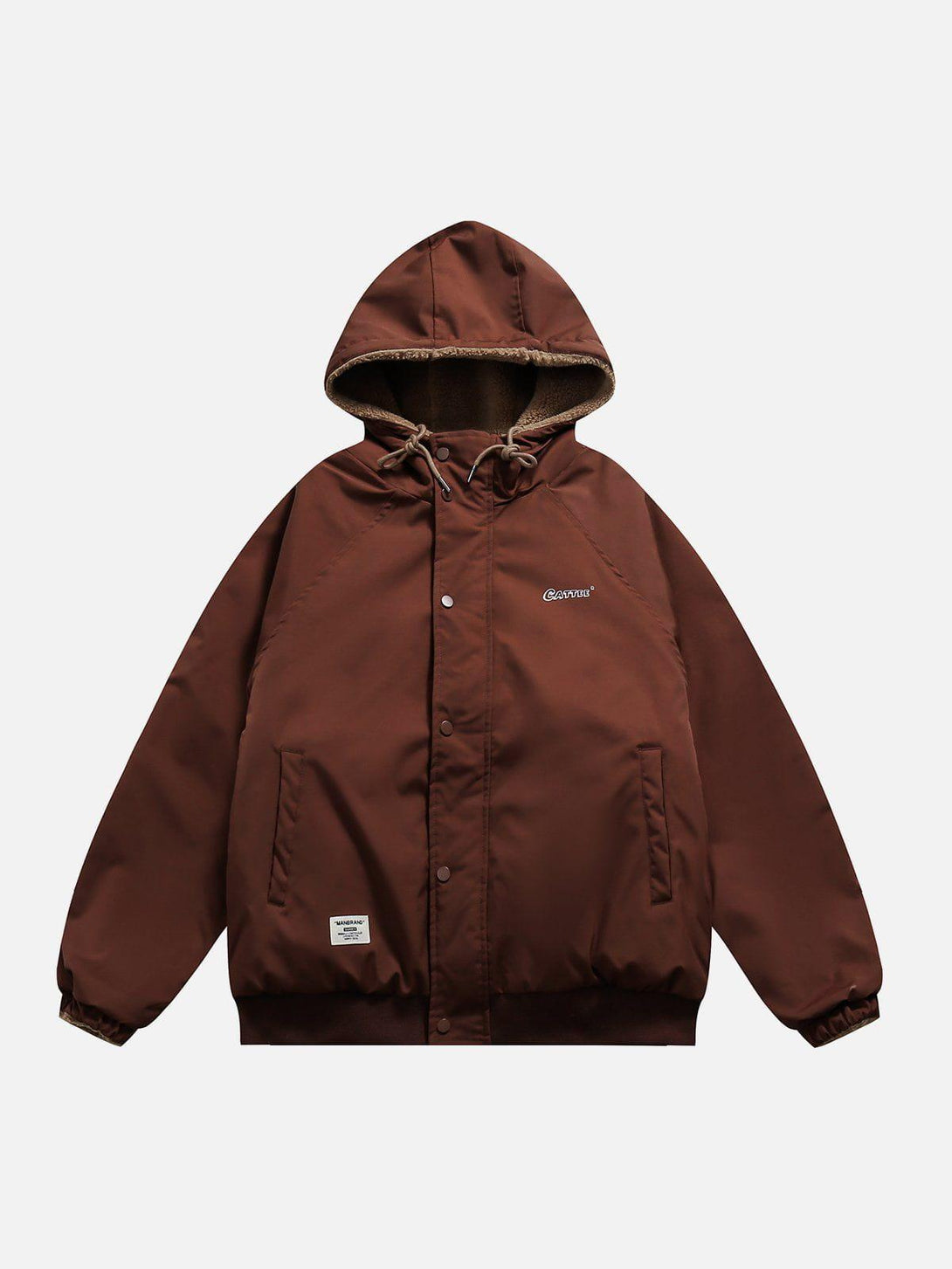 Rich brown reversible Sherpa hoodie by TALISHKO, front view with a warm and casual design.