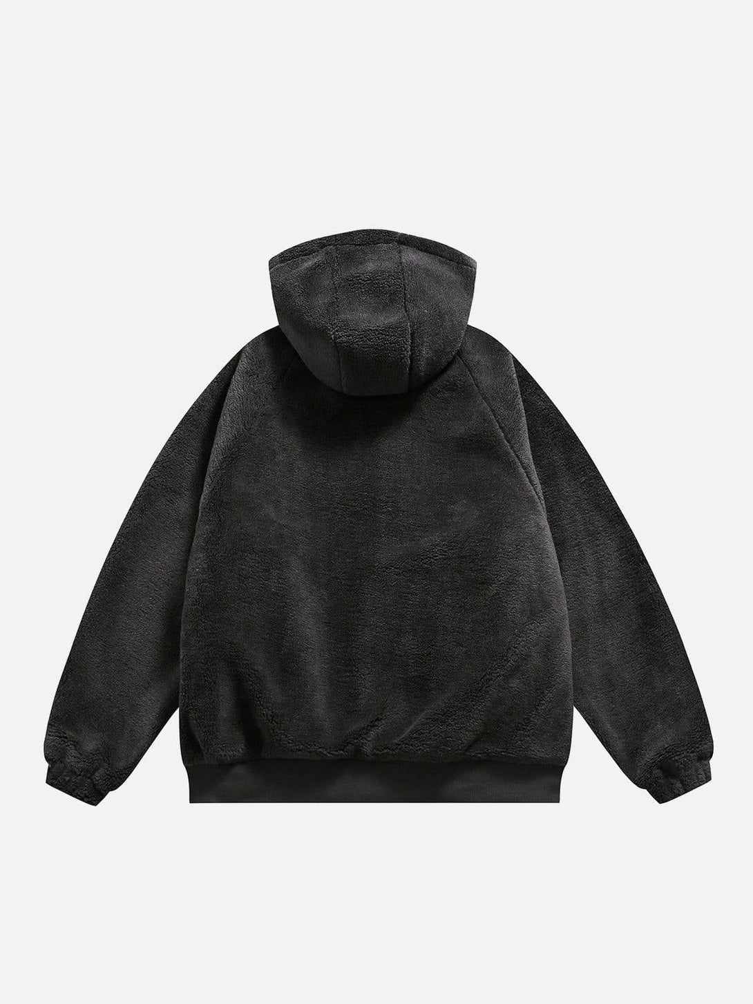 Back view of black reversible Sherpa hoodie by TALISHKO, highlighting its plush texture.