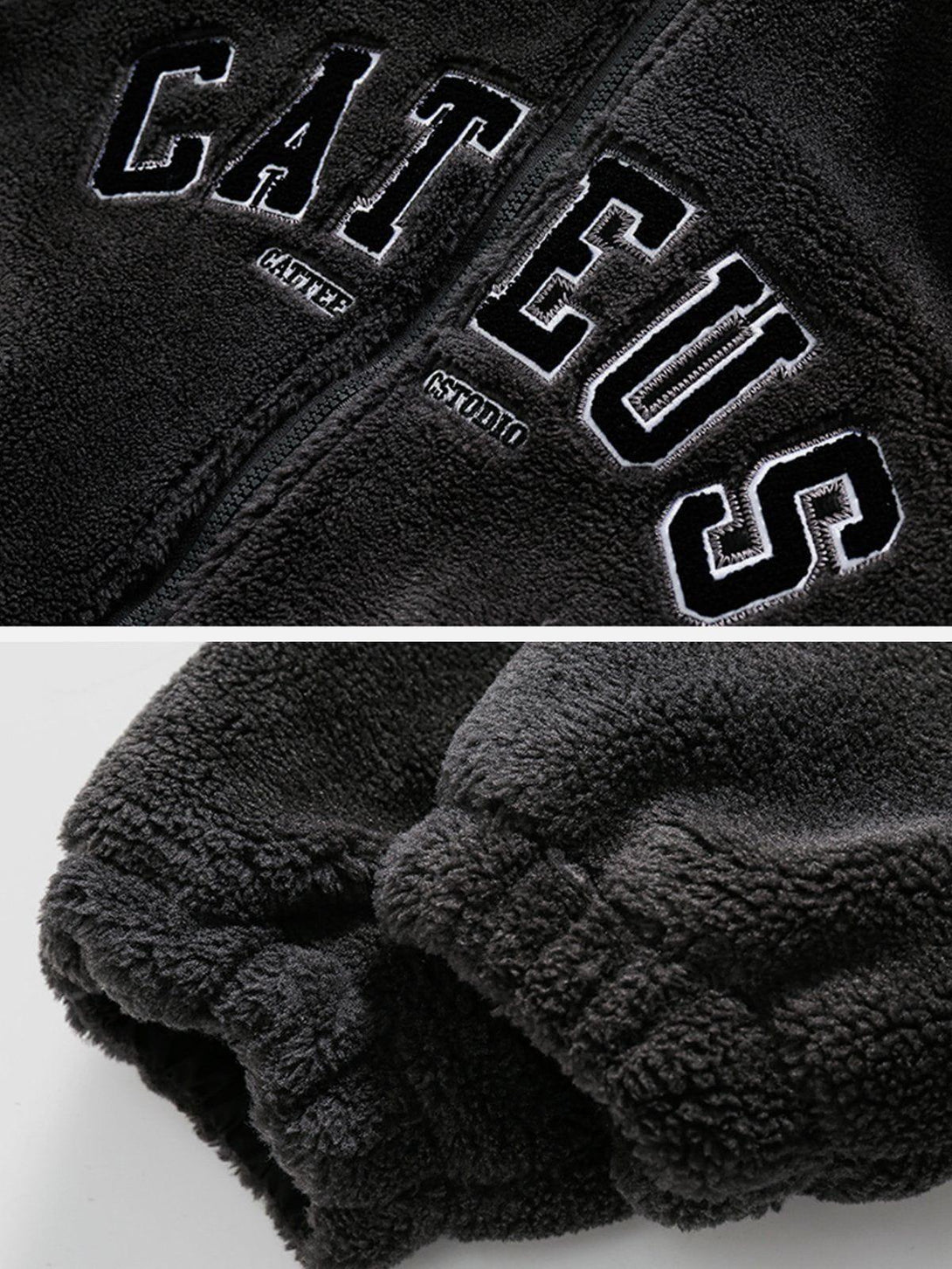 Detailed view of the TALISHKO Sherpa hoodie's soft texture and embroidered lettering.
