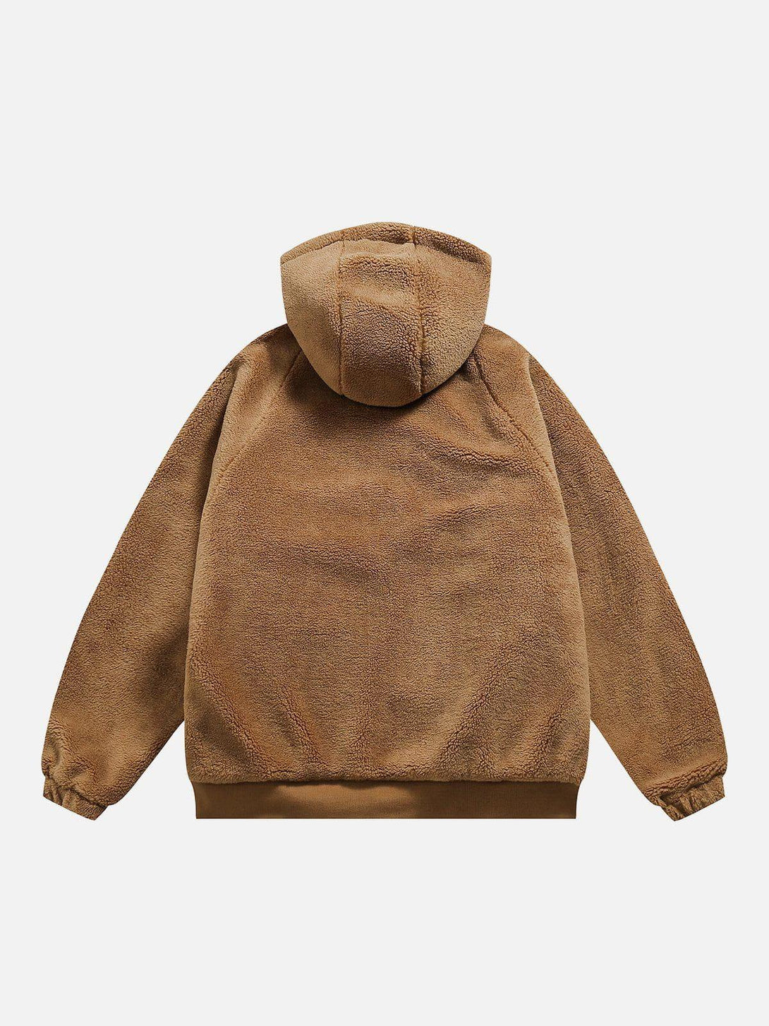 Back view of the TALISHKO reversible Sherpa hoodie highlighting its cozy texture and warmth.