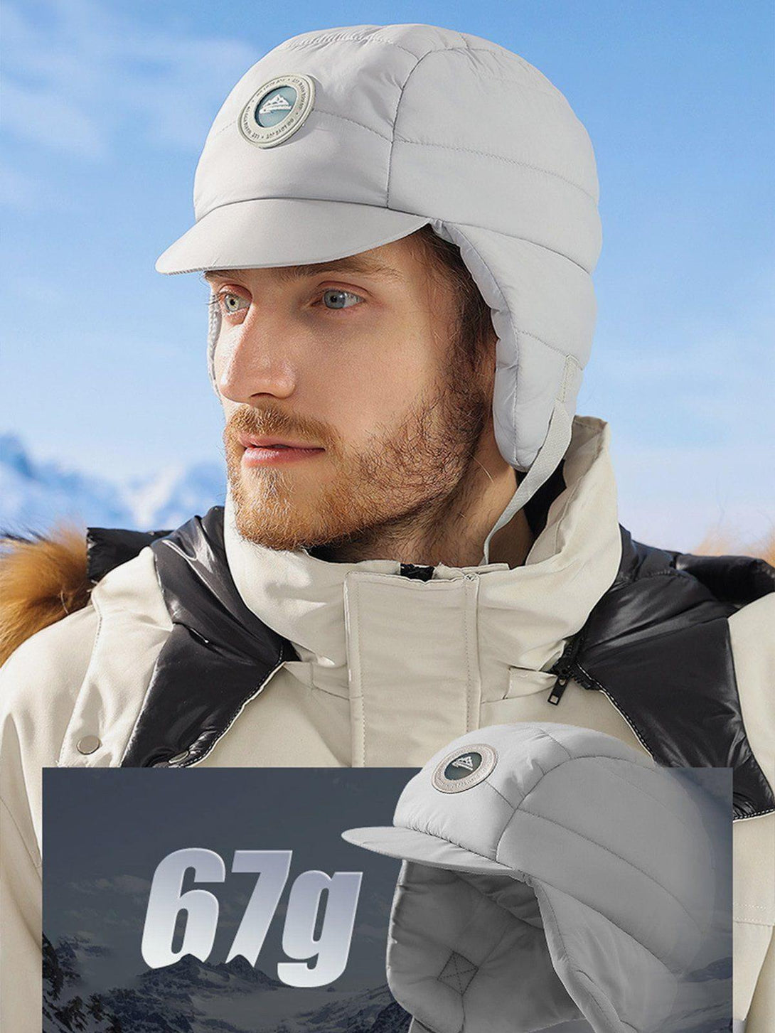 A stylish light gray riding hat by TALISHKO, worn with ear protection and a quilted design.