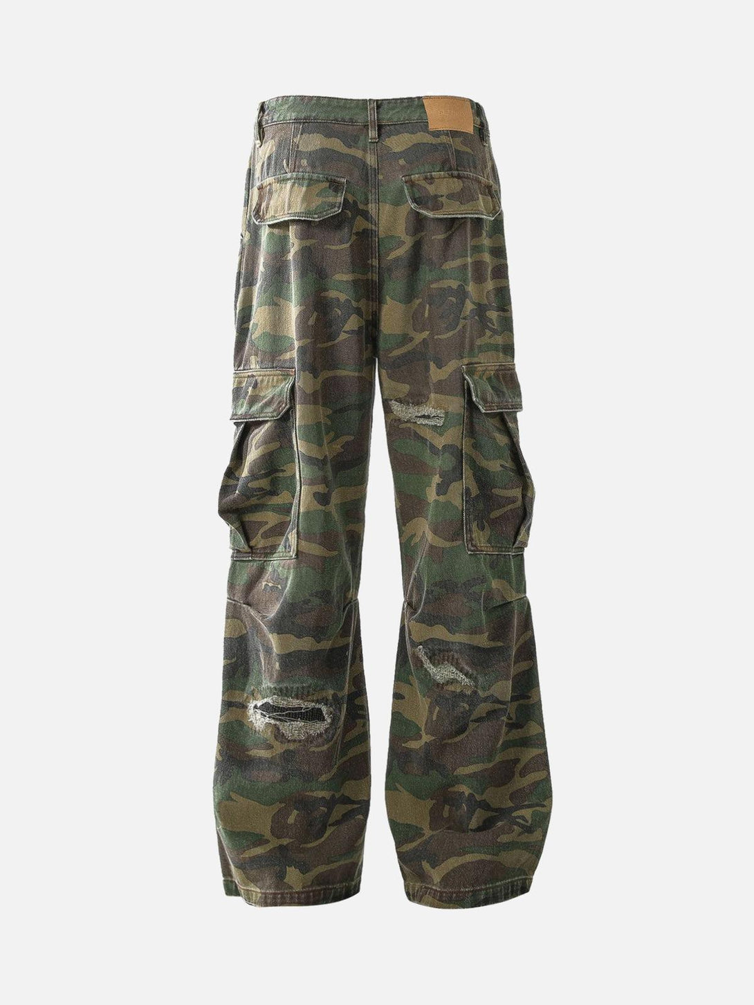 Back view of TALISHKO flared cargo pants in camouflage with ripped accents for a bold look.