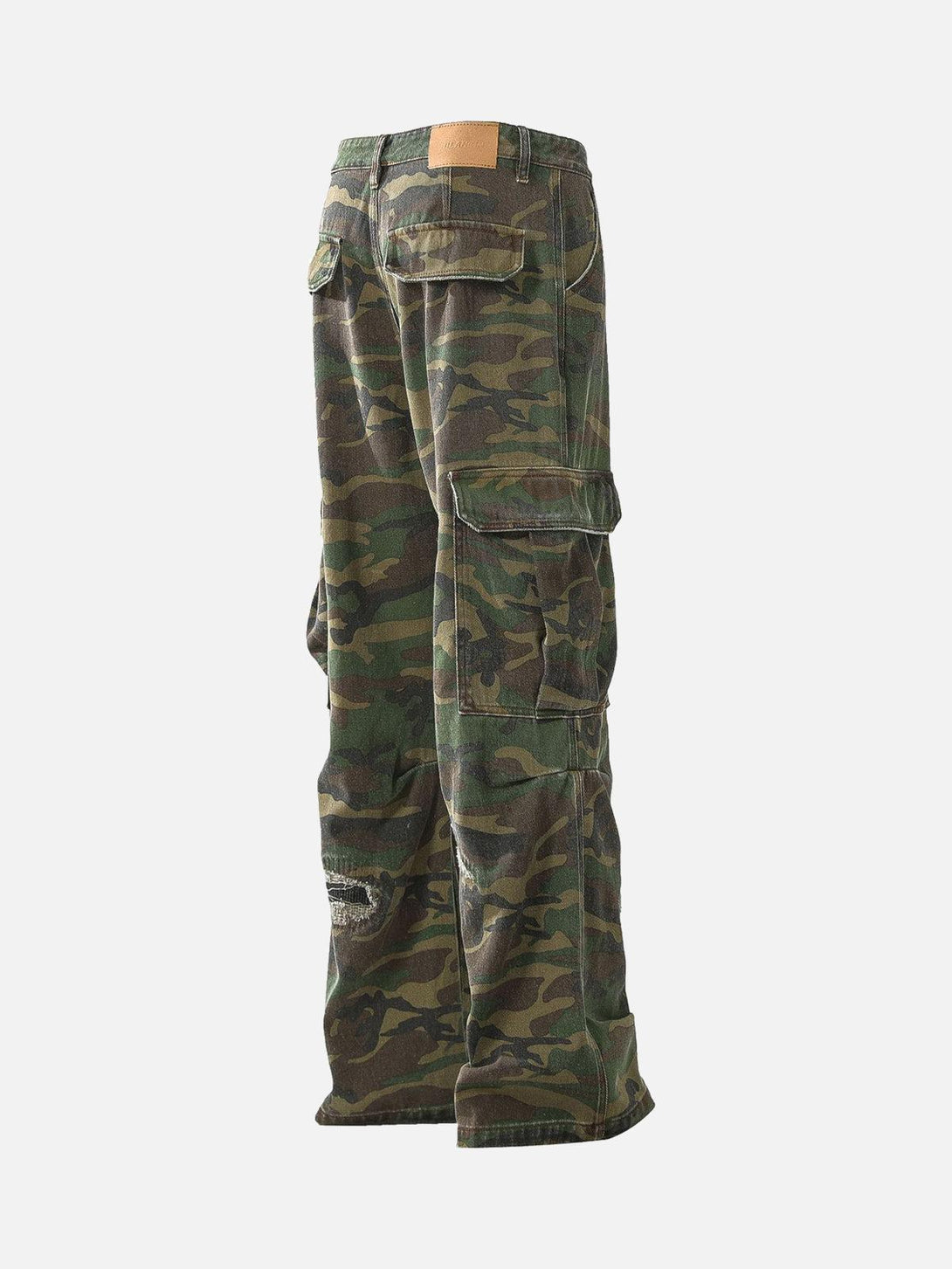Back angle of TALISHKO camouflage flared cargo pants, highlighting rugged pockets and texture.