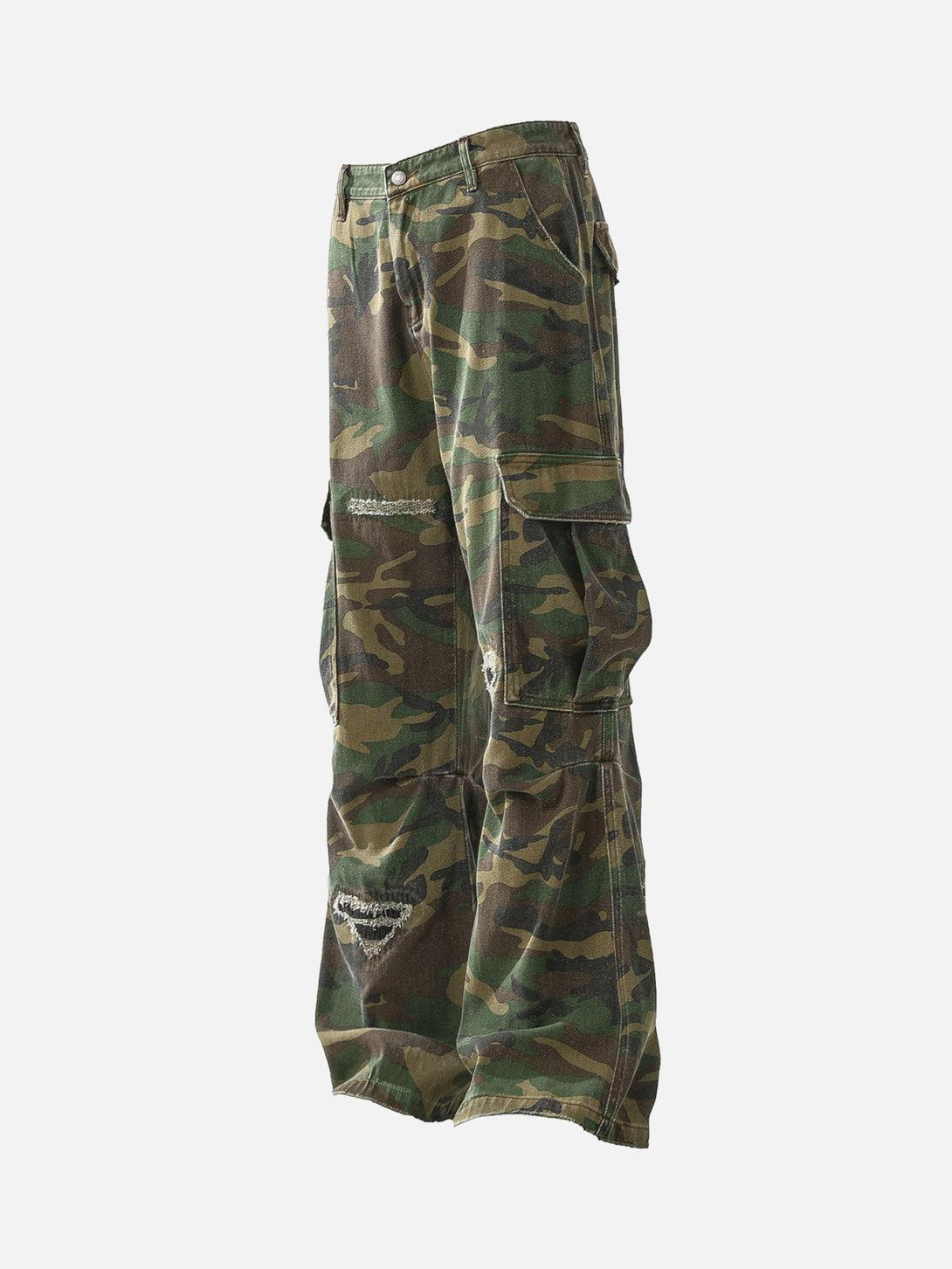 Side view of TALISHKO ripped camouflage cargo pants showcasing flared design and rugged style.