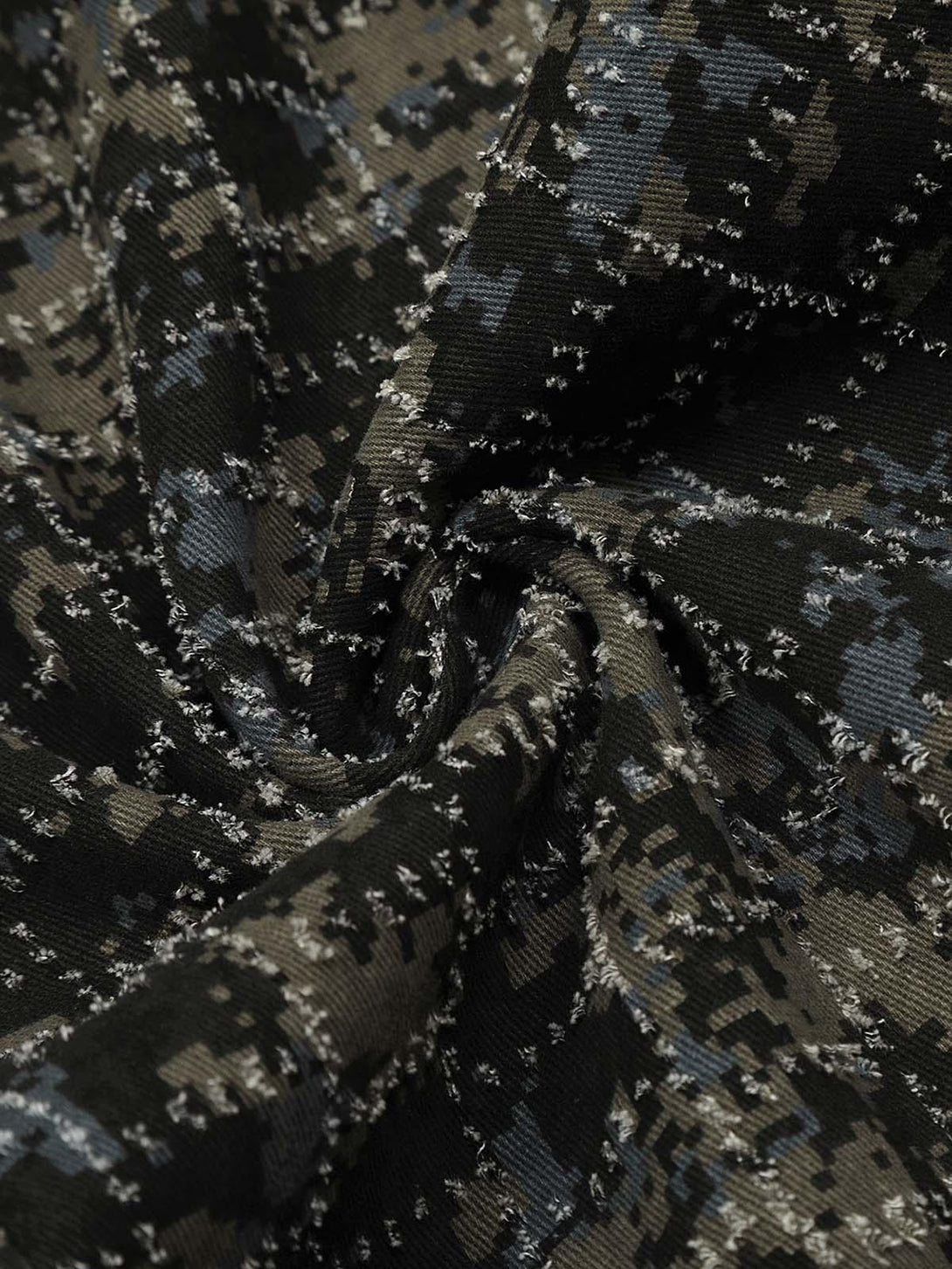 A tight crop highlighting TALISHKO's camouflage cargo pants, showcasing the rugged fabric texture.