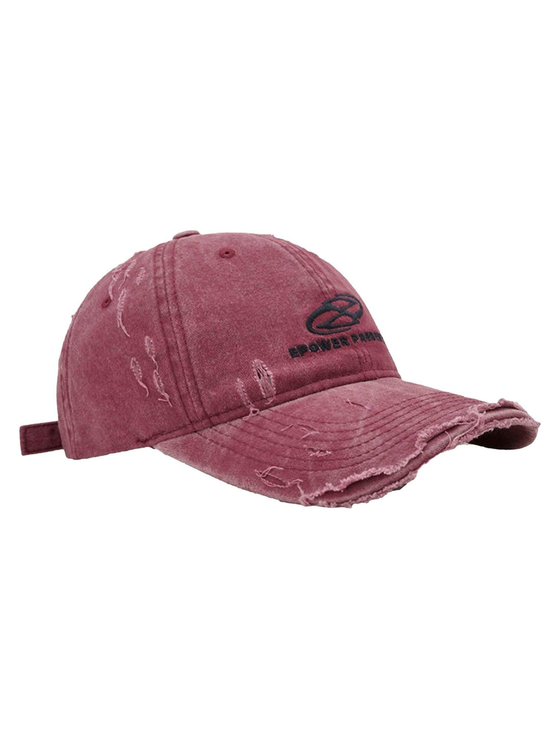 Front view of a red distressed denim baseball cap by TALISHKO, showcasing a rugged design.