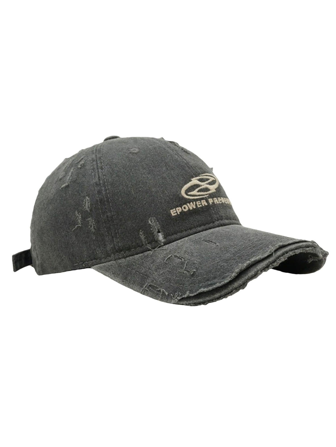 Distressed dark gray baseball cap by TALISHKO, showcasing a rugged, casual style.