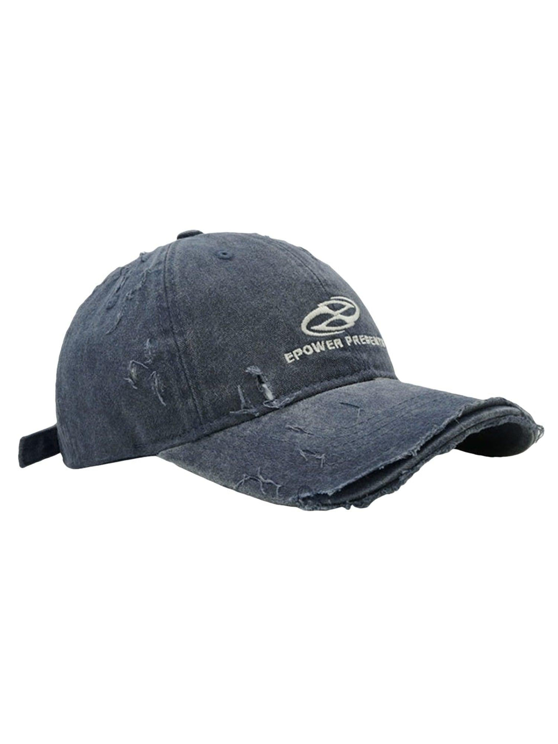 TALISHKO dark gray ripped denim baseball cap, featuring a distressed and casual design.